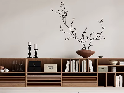 Modern Brown Bookcase With Open Shelves Holding Books Storage Boxes Decorative Vase And Twigs 3d model