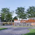 Scenic Stone Feature Wall With Green Trees Lawn And People Standing Nearby