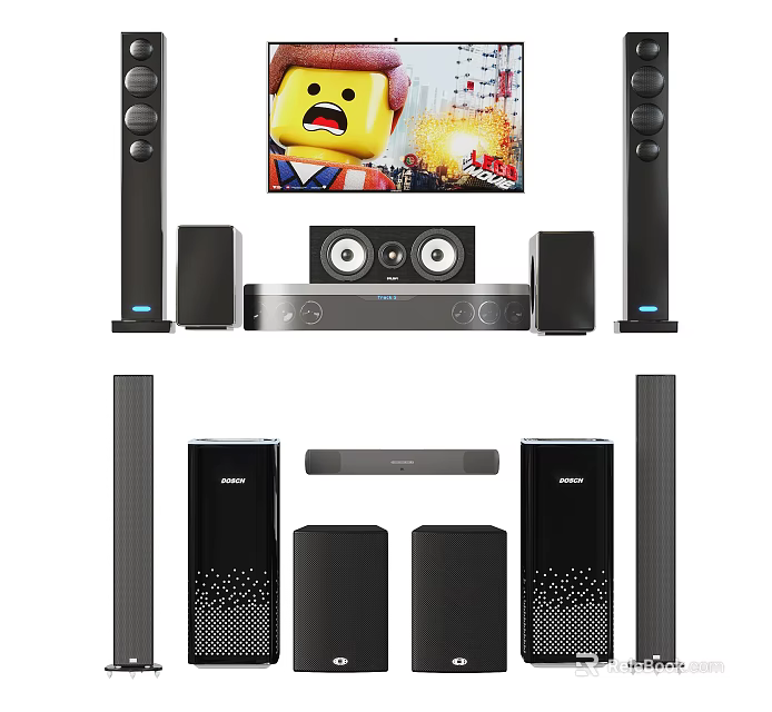 High Quality Home Theater Audio System With Floorstanding Speakers Center Channel Subwoofer And Amplifier 3d model 