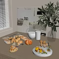 Fresh Bread Varieties With Milk Jug And Olive Branch On Wooden Table