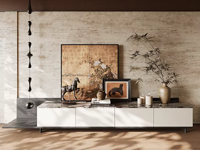 White Modern TV Cabinet With Decorative Painting Horse Statue Vase Books And Candles 3d model