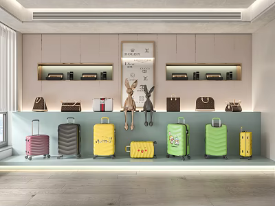Colorful Luggage and Stylish Handbags Display in Modern Retail Store with Shelves 3d model