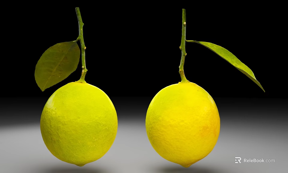 Fresh Green and Yellow Lemons With Leaves and Stems on Black Background 3d model 