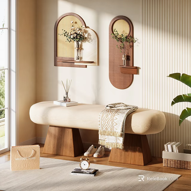 Upholstered Shoe Bench With Wooden Legs And Wall Shelves Vases Plants In Entryway 3d model 