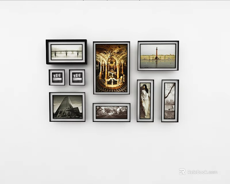Stylish Wall Photo Frames Collage With Different Sizes And Art Prints 3d model 