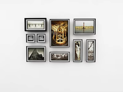 Stylish Wall Photo Frames Collage With Different Sizes And Art Prints 3d model