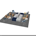 Modern Modular Blue Gray Sofa Coffee Table Set with Colorful Accent Chairs and Orange Stools 3d model