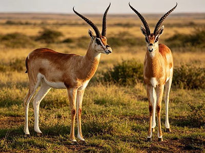 Two Wild Antelopes With Long Horns Standing In Natural Savanna Grassland 3d model