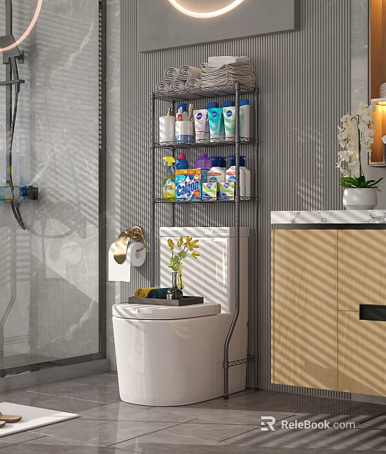 Modern Bathroom Toilet With Metal Shelf Storage Bathroom Supplies And Potted Plant Decor 3d model 