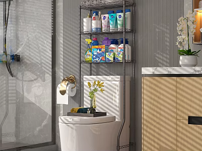 Modern Bathroom Toilet With Metal Shelf Storage Bathroom Supplies And Potted Plant Decor 3d model
