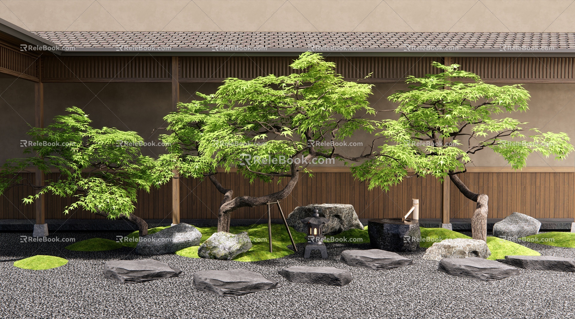 Maple Landscape Tree Courtyard Micro Landscape Ting Stone Head Landscape Landscaping Courtyard Landscape Setches Water Bowl 3d model