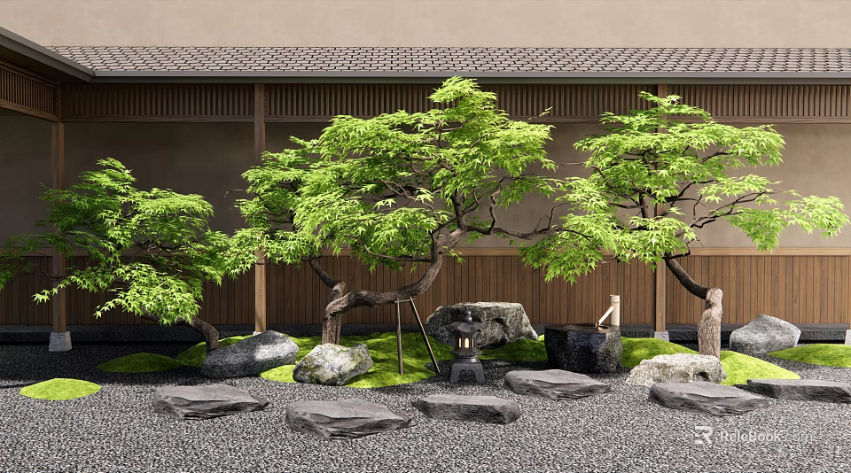 Lush Japanese Maple Trees In Traditional Garden Landscape With Stones Lanterns And Moss 3d model 
