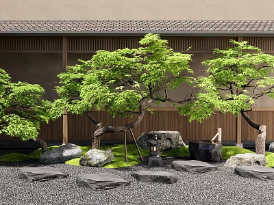 Lush Japanese Maple Trees In Traditional Garden Landscape With Stones Lanterns And Moss 3d model