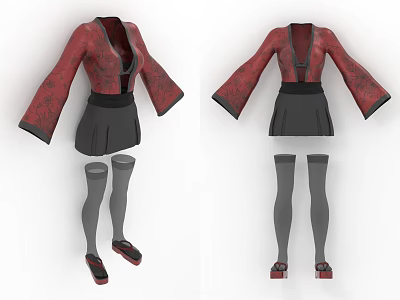 Red Kimono Style Top With Black Skirt Gray Thigh High Socks And Red Shoes 3d model