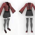 Red Kimono Style Top With Black Skirt Gray Thigh High Socks And Red Shoes
