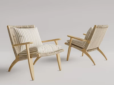 Pair of Woven Accent Chairs with Wooden Frame and Striped Seat Cushions 3d model