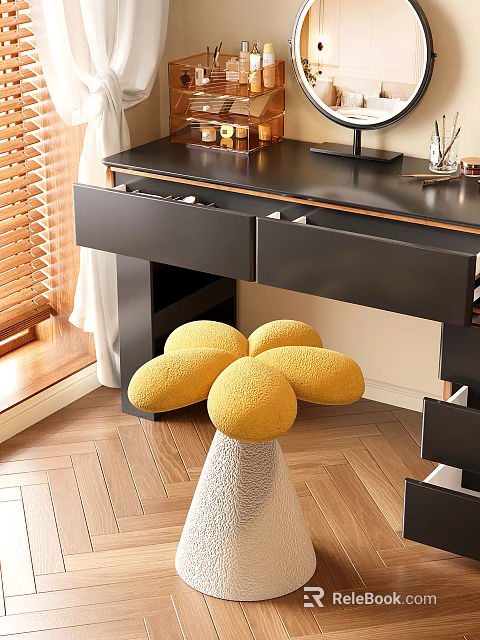 Yellow Flower Shaped Sofa Stool In Modern Study Room With Black Desk 3d model