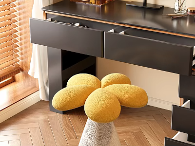 Yellow Flower Shaped Sofa Stool In Modern Study Room With Black Desk 3d model
