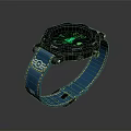 Sporty Watch With Blue Strap Yellow Stitching Black Dial Green Digital
