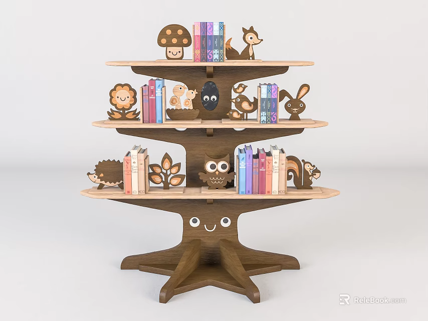 Cute Tree Shaped Bookshelf With Animal Figurines Books And Mushroom Decorations For Kids Room 3d model 
