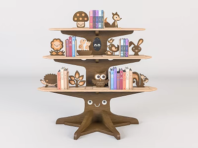 Cute Tree Shaped Bookshelf With Animal Figurines Books And Mushroom Decorations For Kids Room 3d model