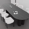 Modern Black Oval Dining Table Set With White Curved Backrest Chairs And Cylindrical Legs