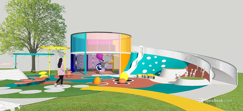 Colorful Playground Equipment With Spiral Slide Circular Building And Colorful Ground Patterns 3d model 