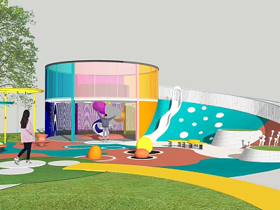 Colorful Playground Equipment With Spiral Slide Circular Building And Colorful Ground Patterns 3d model