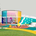 Colorful Playground Equipment With Spiral Slide Circular Building And Colorful Ground Patterns