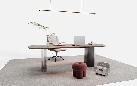 Modern Desk and Chair Combination Long Desk Office Chair Chandelier Laptop Carpet Green Plant Ornaments 3d model