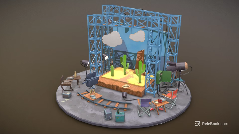 Cartoon Scene Setup With Blue Metal Frame Clouds Cacti Yellow Ground And Filming Props 3d model 
