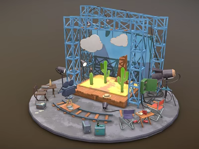 Cartoon Scene Setup With Blue Metal Frame Clouds Cacti Yellow Ground And Filming Props 3d model