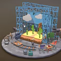 Cartoon Scene Setup With Blue Metal Frame Clouds Cacti Yellow Ground And Filming Props
