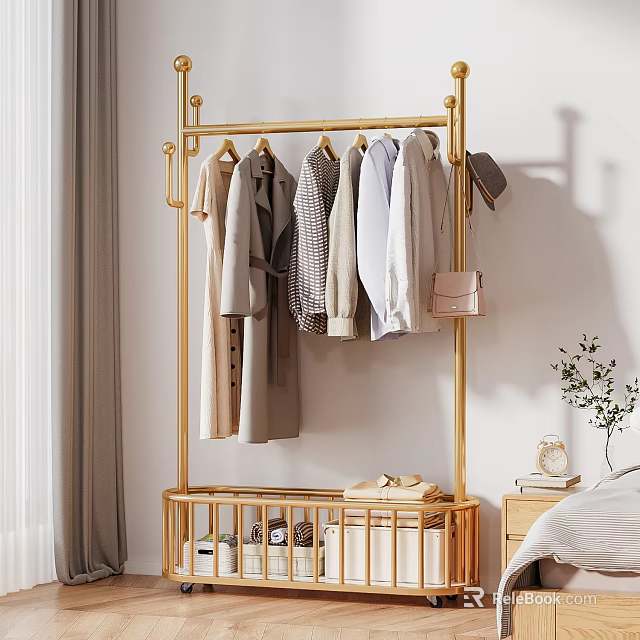 Golden Coat Rack With Hanging Clothes Hats Handbag And Shoes Storage Basket In Bedroom 3d model 