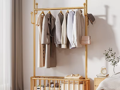 Golden Coat Rack With Hanging Clothes Hats Handbag And Shoes Storage Basket In Bedroom 3d model