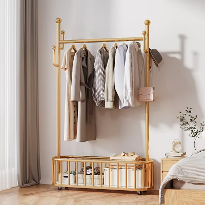 Golden Coat Rack With Hanging Clothes Hats Handbag And Shoes Storage Basket In Bedroom 3d model