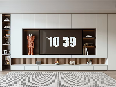 Modern TV Background Wall Design With White Cabinetry Black TV Screen And Decorative Storage Shelves 3d model