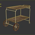 Two Tiered Wooden Cart With Metal Frame And Brown Rolling Wheels Design