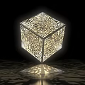 Garden Landscape Art Installation Featuring Illuminated Cube With Intricate Cut Patterns And Shadow Projections 3d model