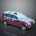 Red SUV Car Exterior Covered With Snow On Roof And Body