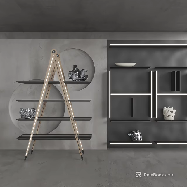 Multi Tiered Open Display Shelves Featuring Golden Ladder Black LED Light And Decorative Items 3d model 