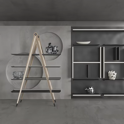 Multi Tiered Open Display Shelves Featuring Golden Ladder Black LED Light And Decorative Items 3d model