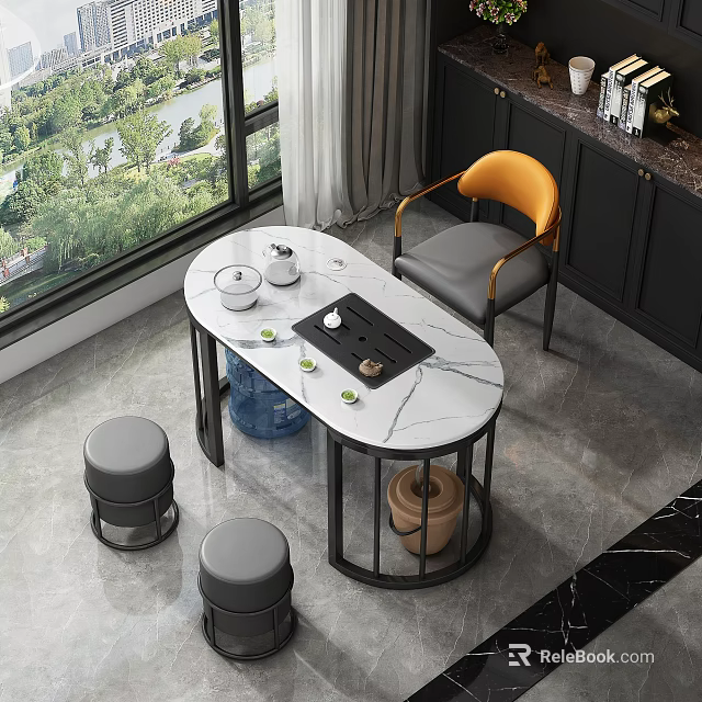 Tea Table with Marble Top Orange Backrest Chair Grey Stools Tea Set Window Natural View 3d model