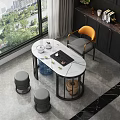 Tea Table with Marble Top Orange Backrest Chair Grey Stools Tea Set Window Natural View 3d model