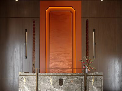 Elegant Reception Desk With Marble Countertop Wooden Background Wall Red Artwork Lighting And Flower Arrangement 3d model