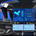 High Tech Control Room With Multiple Monitors Control Desk Blue Lighting And Office Chairs 3d model