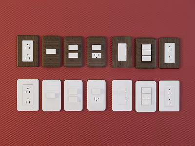 White and Brown Switch Panels with Various Switches and Sockets on Red Background 3d model