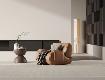 Modern Brown Single Sofa With Side Table Vase Blanket Floor Lamp In Living Room 3d model