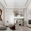 Modern Duplex Living Room Interior With Round Chandelier Dining Table Large Windows And Marble Floor