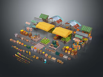 Household Items Display in Colorful Market Stalls with Fresh Fruits Vegetables and Organized Goods 3d model